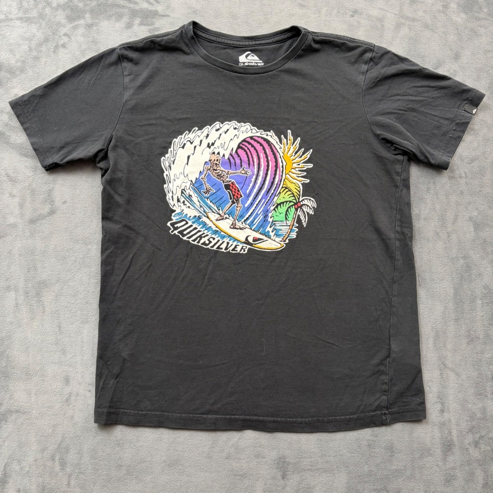 Quiksilver Boys Size 14 Skeleton Surfing Graphic T-Shirt Black Cotton Tee